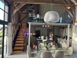 Oak and Anthracite Metal Stairs with Glass Railing and LED